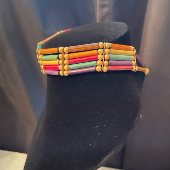 Multi Coloured Tribal Wood Beaded Choker Necklace - Picture 2 of 5